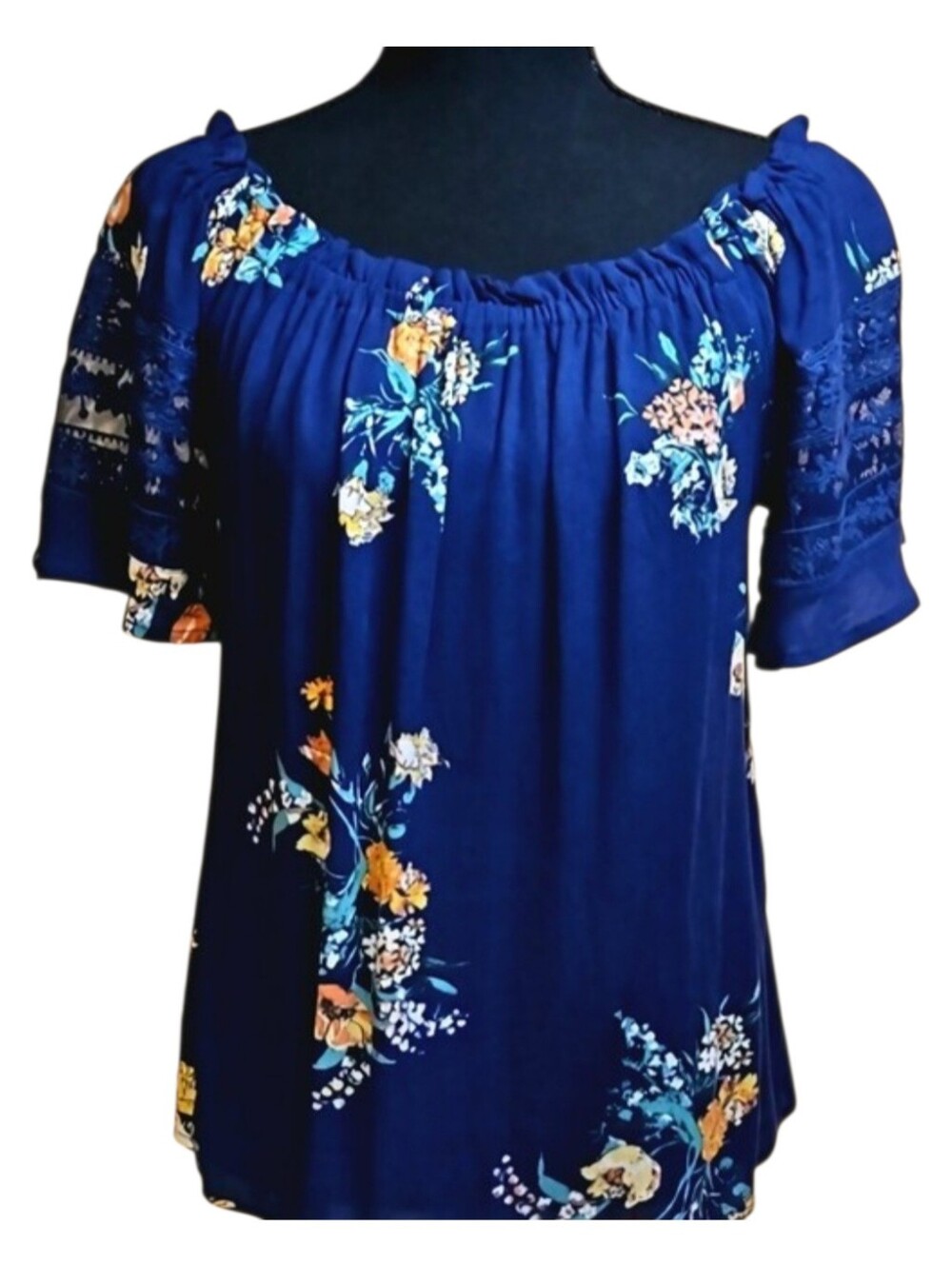 NWT Eyeshadow Navy Blue Floral Off The Shoulder Blouse M Boho Lace Trim Top